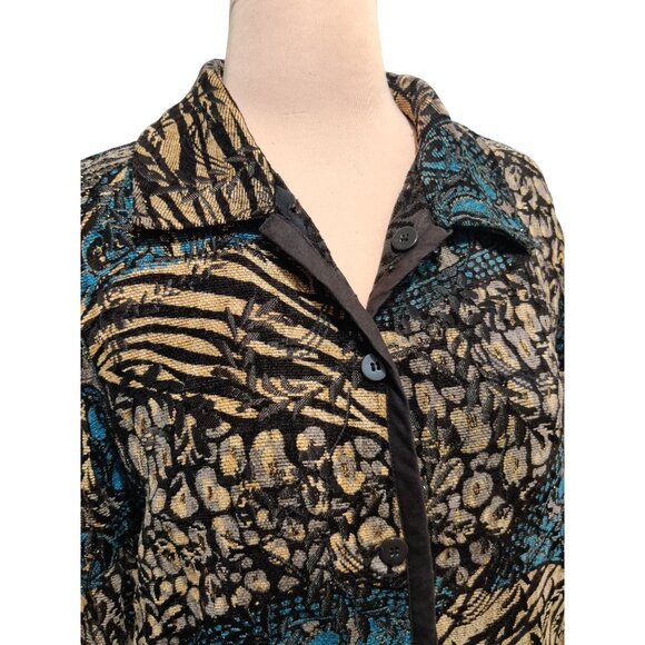 Womens L Jacket Reversible Jacquard Brocade Black Gold Blue Boho 90s Vintage - Picture 2 of 16